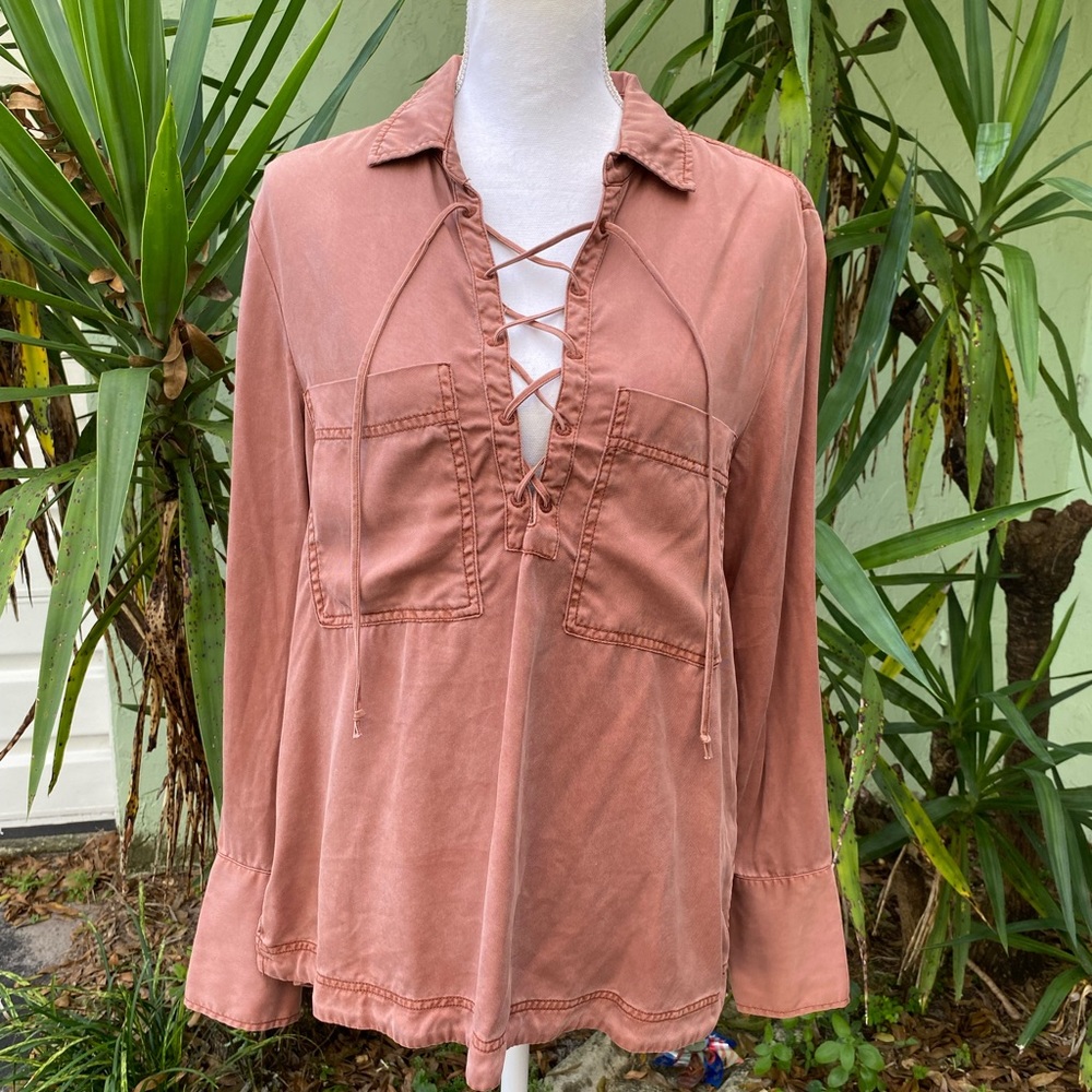 Free People Lace Up Rust Shirt - Picture 6 of 11